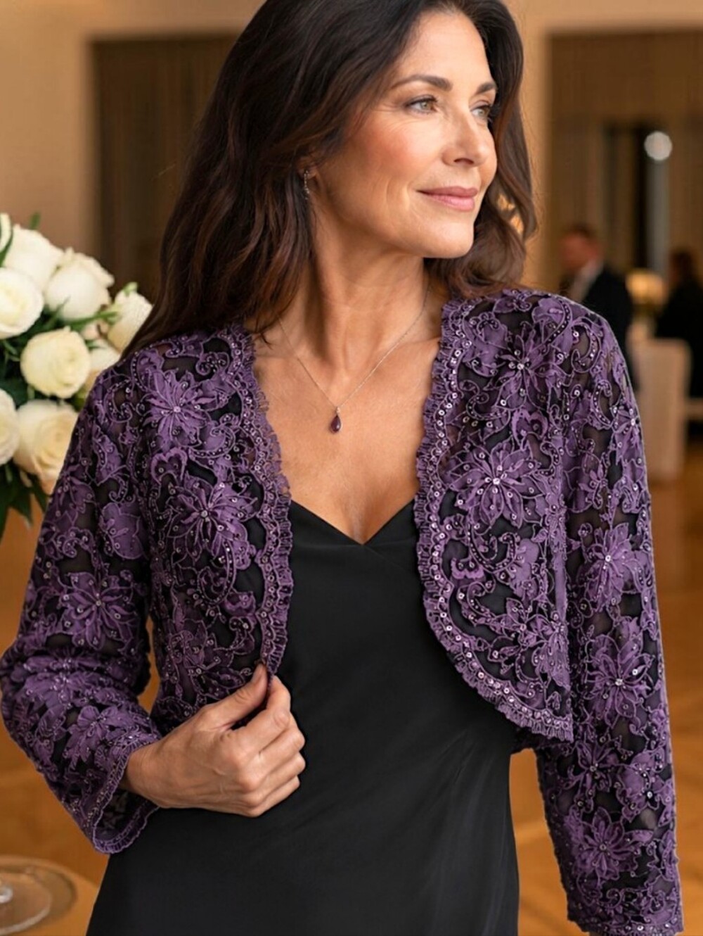 Floral Mesh Cropped Cardigan L Shrug Bolo Jacket Open Front Artsy Sequins Purple